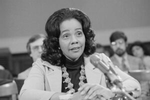 Mrs. Coretta Scott King, widow of the assassinated civil rights leader, appears before a House Education and Labor subcommittee on legislation to combat unemployment.