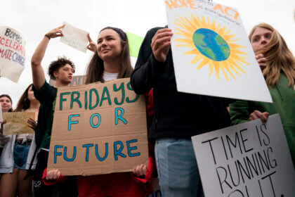 Student environmental advocates participate in a strike to demand action be taken on climate change outside the White House on September 13, 2019 in Washington, DC.